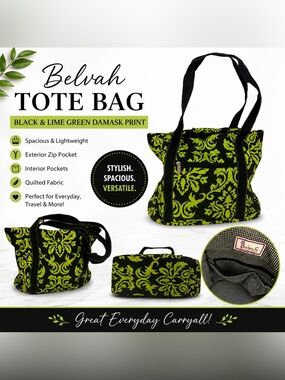 Belvah Black & Lime Green Damask Print Tote Bag | Large Quilted Shoulder Bag